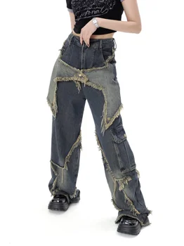 Ameerika Stiilis Retro High Street Teksad Naiste Kevad-Suvel Uus Lahtine Lai Jalg Püksid Trendikad Casual Punk Star Tutt Püksid